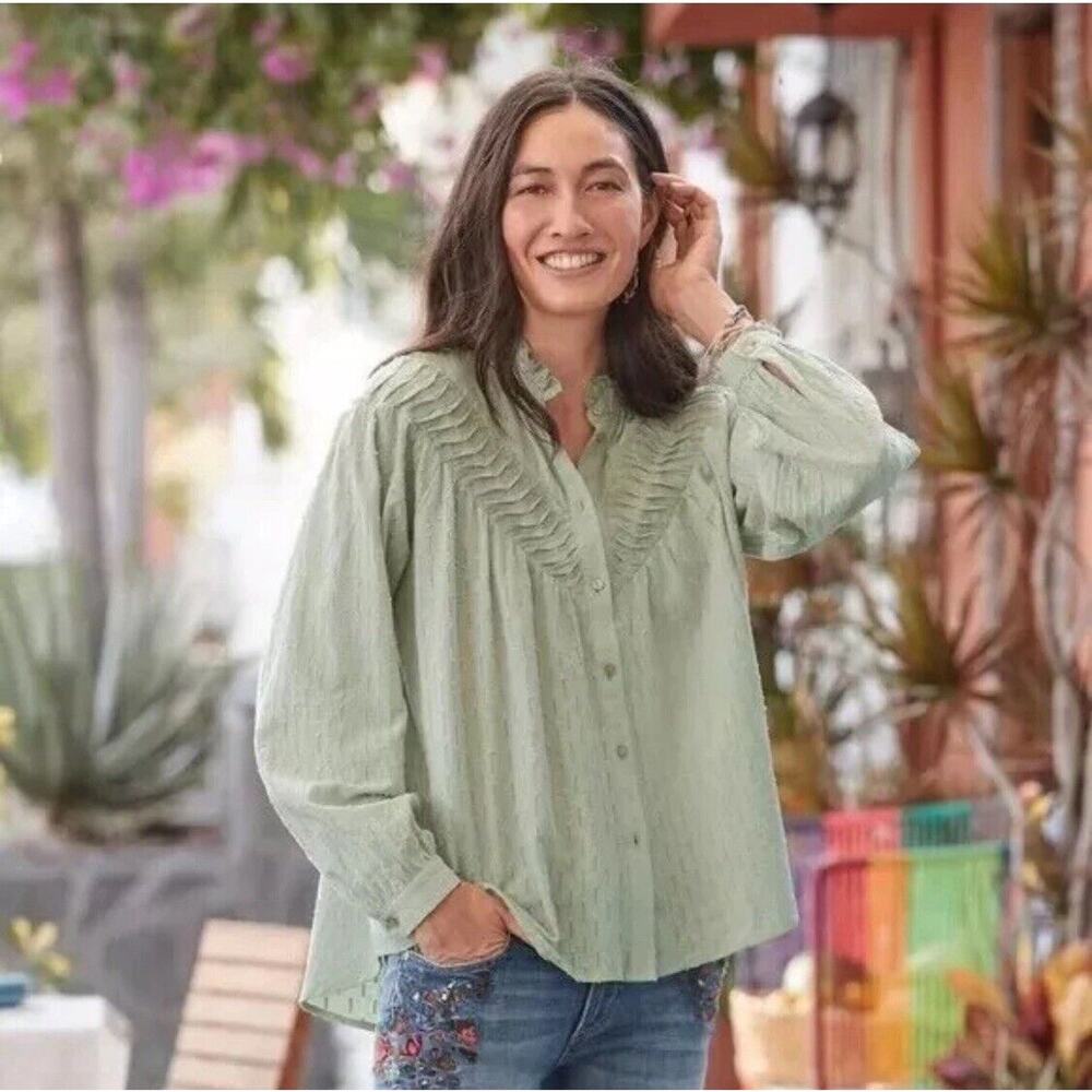 SUNDANCE Fresh Breezes Peasant Blouse Top Mint Green Button Down Cottage Small